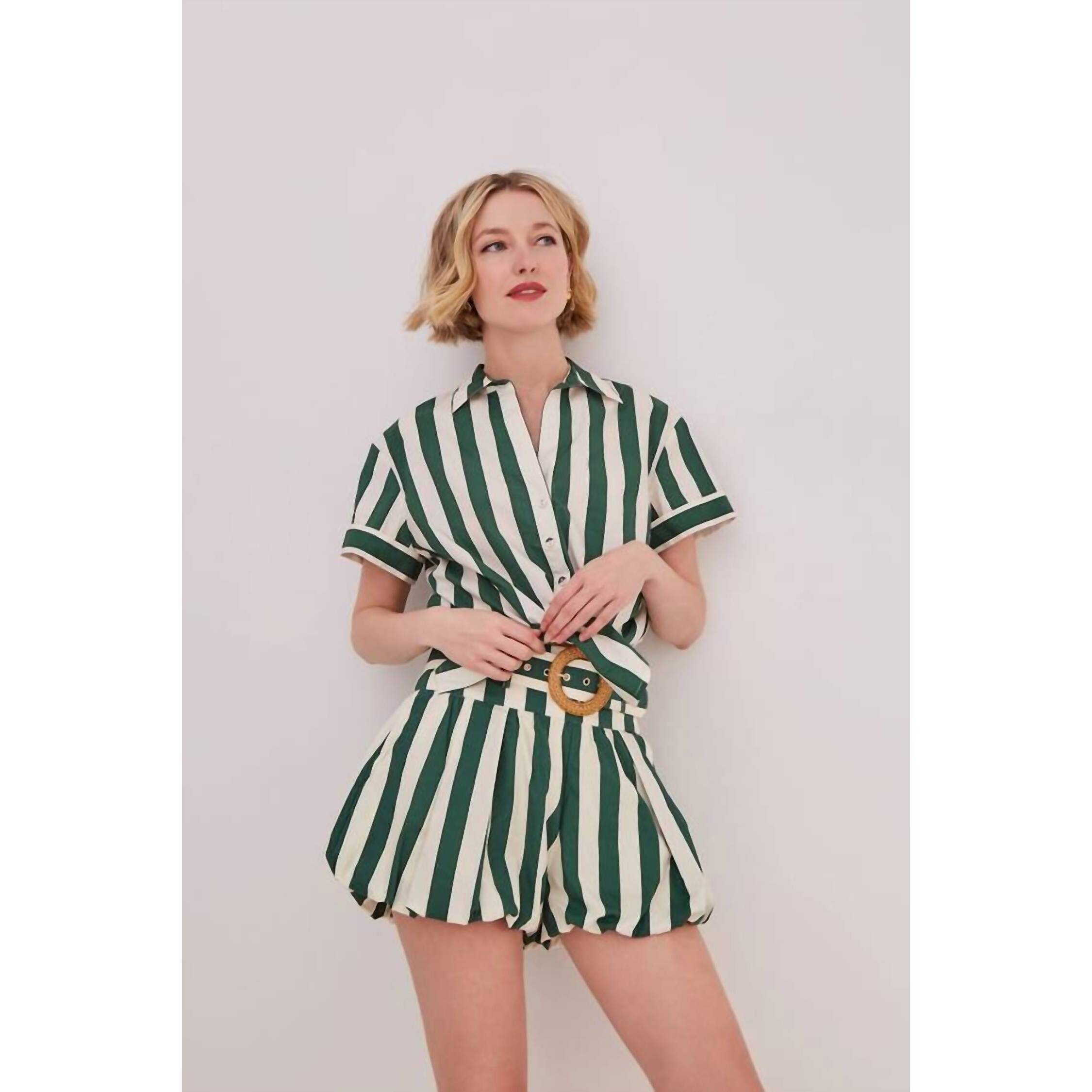 New Cara Cara Women's Ray Bubble Hem Short In Green And White Stripe